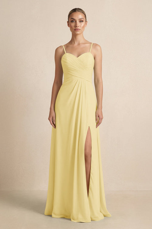 V - Neck A - Line Chiffon Pleated Bridesmaid Dress in Pastel Yellow - KISS BRIDAL Bridesmaid Dresses
