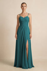 V - Neck A - Line Chiffon Pleated Bridesmaid Dress in Pine - KISS BRIDAL Bridesmaid Dresses