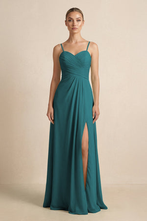 V - Neck A - Line Chiffon Pleated Bridesmaid Dress in Pine - KISS BRIDAL Bridesmaid Dresses
