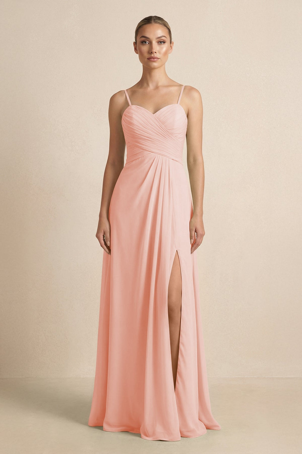 V - Neck A - Line Chiffon Pleated Bridesmaid Dress in Rose Petal - SHE IS ME Bridesmaid Dresses