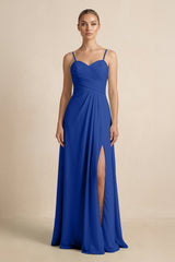 V - Neck A - Line Chiffon Pleated Bridesmaid Dress in Royal Blue - KISS BRIDAL Bridesmaid Dresses