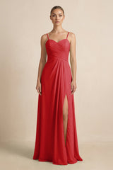 V - Neck A - Line Chiffon Pleated Bridesmaid Dress in Ruby Red - KISS BRIDAL Bridesmaid Dresses