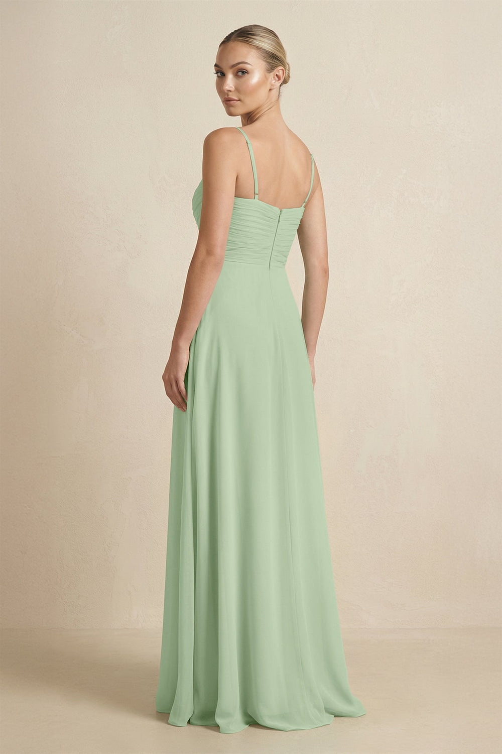 V - Neck A - Line Chiffon Pleated Bridesmaid Dress in Sage - SHE IS ME Bridesmaid Dresses