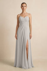 V - Neck A - Line Chiffon Pleated Bridesmaid Dress in Silver - KISS BRIDAL Bridesmaid Dresses