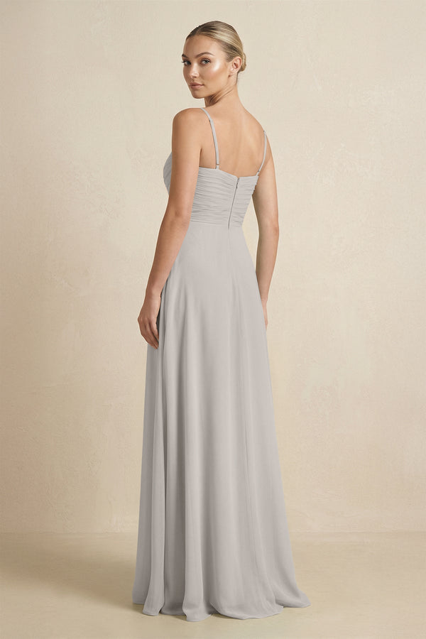 V - Neck A - Line Chiffon Pleated Bridesmaid Dress in Silver - KISS BRIDAL Bridesmaid Dresses