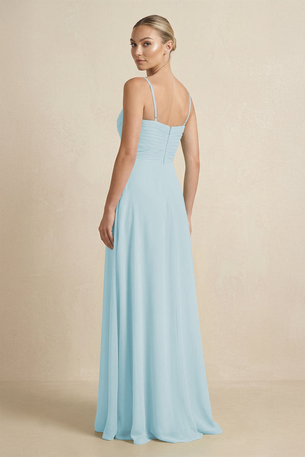 V - Neck A - Line Chiffon Pleated Bridesmaid Dress in Sky Blue - SHE IS ME Bridesmaid Dresses