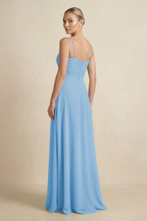 V - Neck A - Line Chiffon Pleated Bridesmaid Dress in Steel Blue - SHE IS ME Bridesmaid Dresses