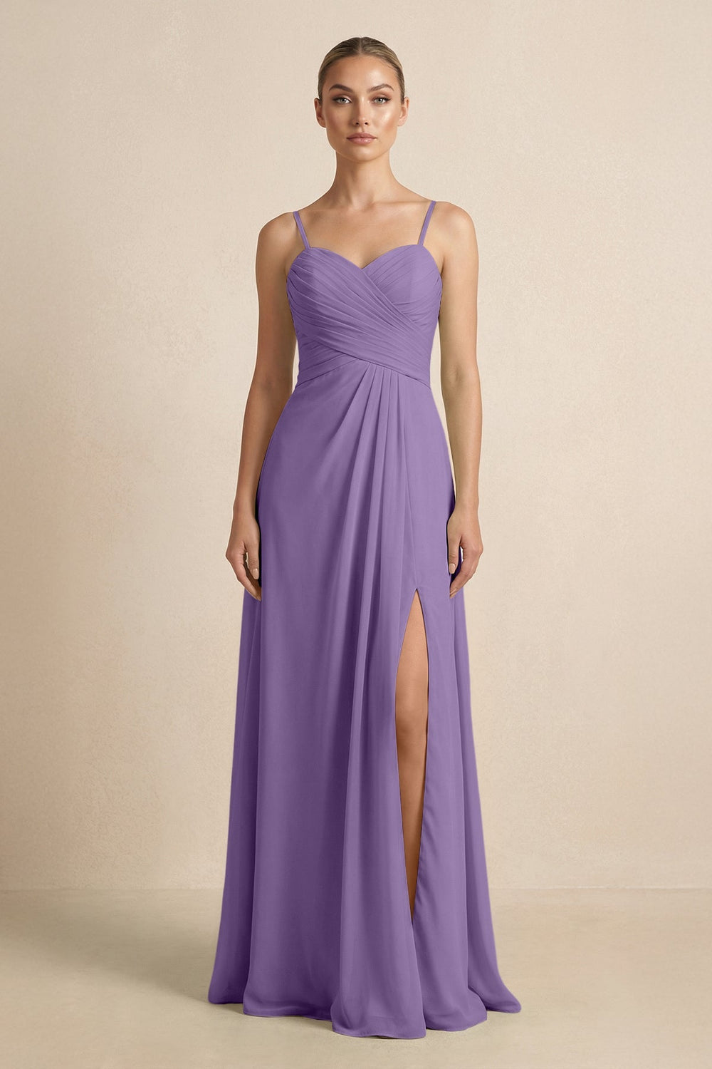 V - Neck A - Line Chiffon Pleated Bridesmaid Dress in Tahiti - KISS BRIDAL Bridesmaid Dresses