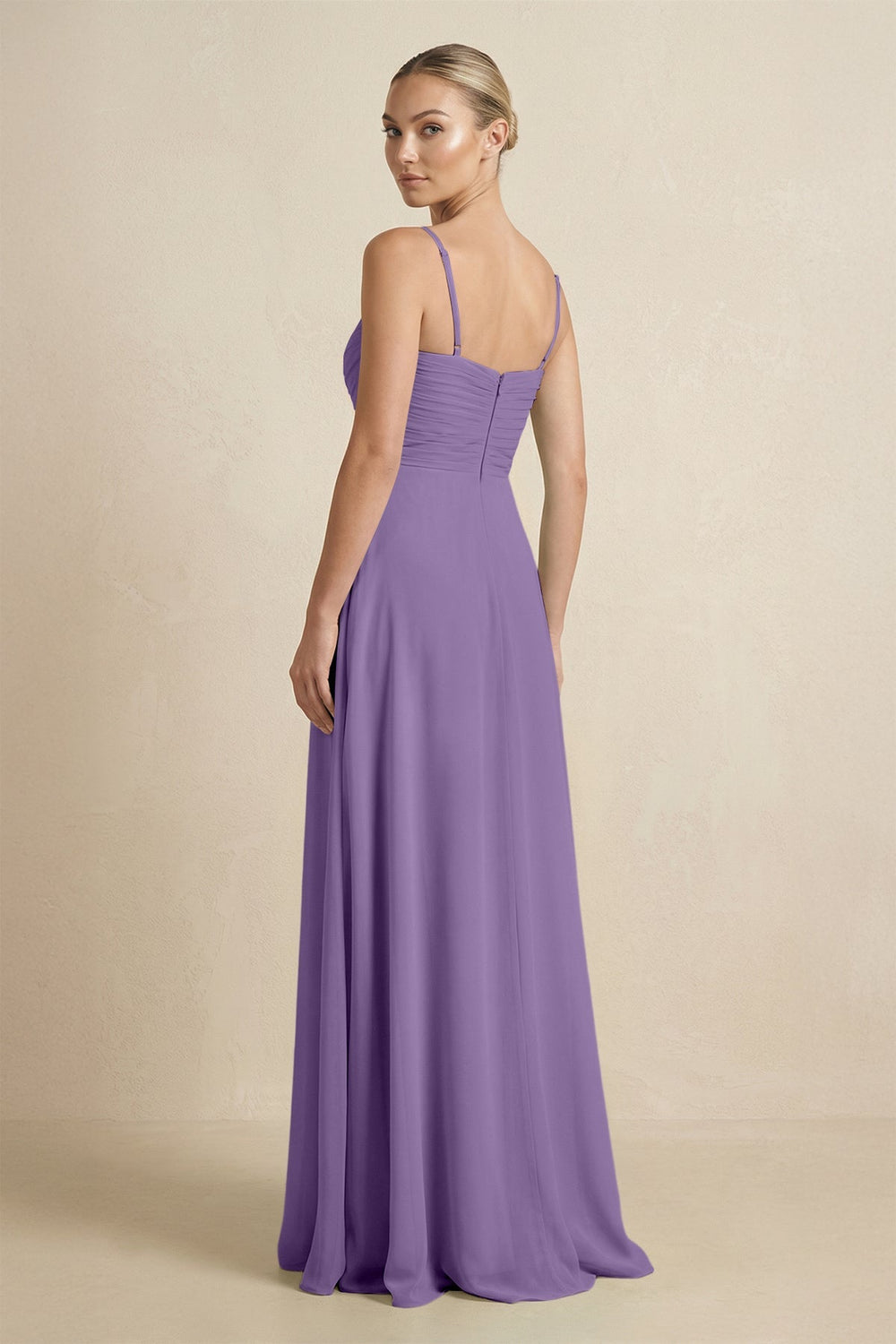 V - Neck A - Line Chiffon Pleated Bridesmaid Dress in Tahiti - KISS BRIDAL Bridesmaid Dresses