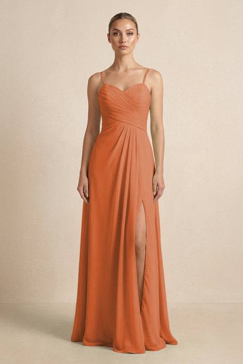 V - Neck A - Line Chiffon Pleated Bridesmaid Dress in Terracotta - KISS BRIDAL Bridesmaid Dresses