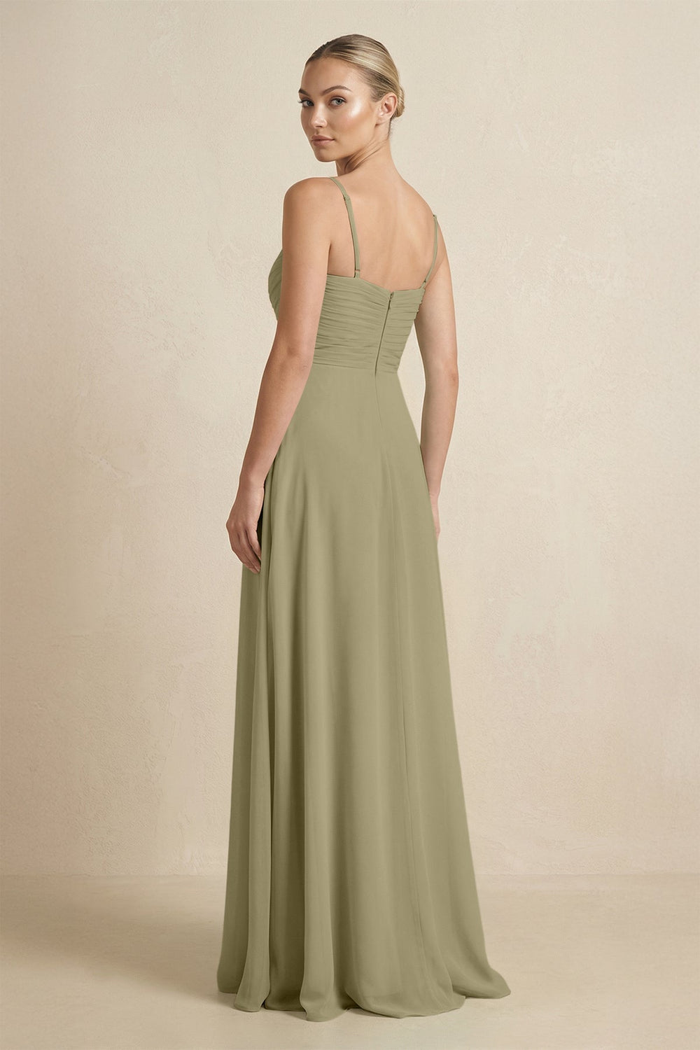 V - Neck A - Line Chiffon Pleated Bridesmaid Dress in Thyme - SHE IS ME Bridesmaid Dresses