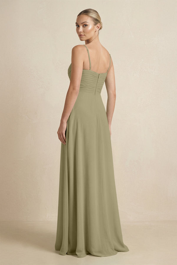 V - Neck A - Line Chiffon Pleated Bridesmaid Dress in Thyme - SHE IS ME Bridesmaid Dresses