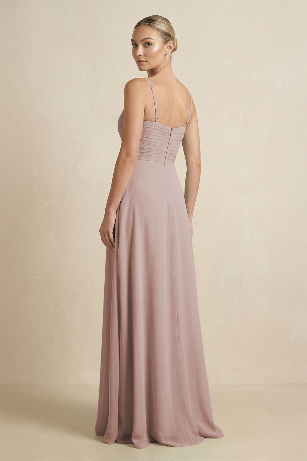 V-Neck A-Line Chiffon Pleated Bridesmaid Dress in Toffee