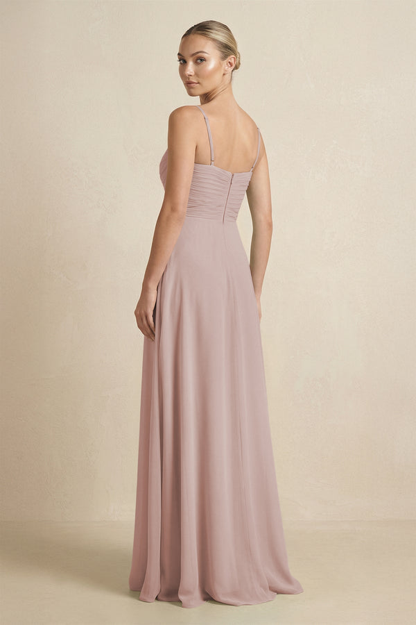 V - Neck A - Line Chiffon Pleated Bridesmaid Dress in Toffee - KISS BRIDAL Bridesmaid Dresses