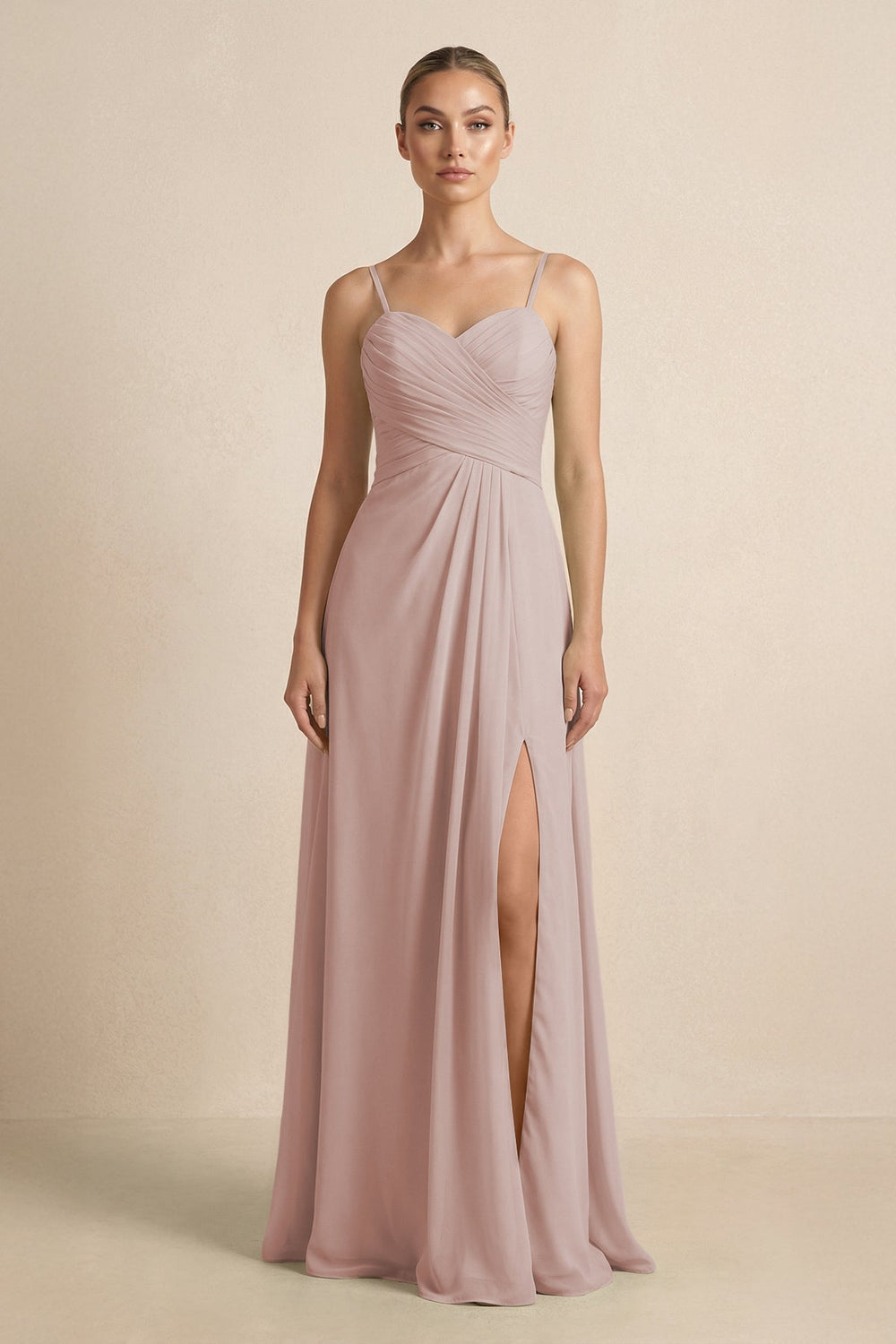 V - Neck A - Line Chiffon Pleated Bridesmaid Dress in Toffee - KISS BRIDAL Bridesmaid Dresses