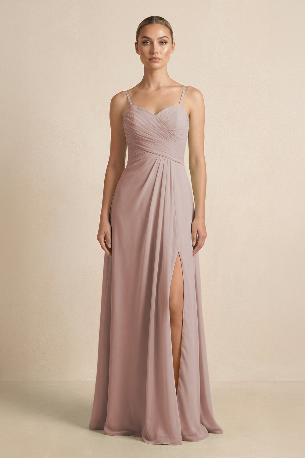 V-Neck A-Line Chiffon Pleated Bridesmaid Dress in Toffee