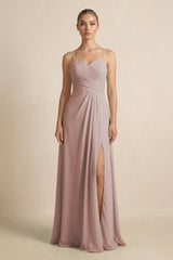 V-Neck A-Line Chiffon Pleated Bridesmaid Dress in Toffee | KISSBRIDAL