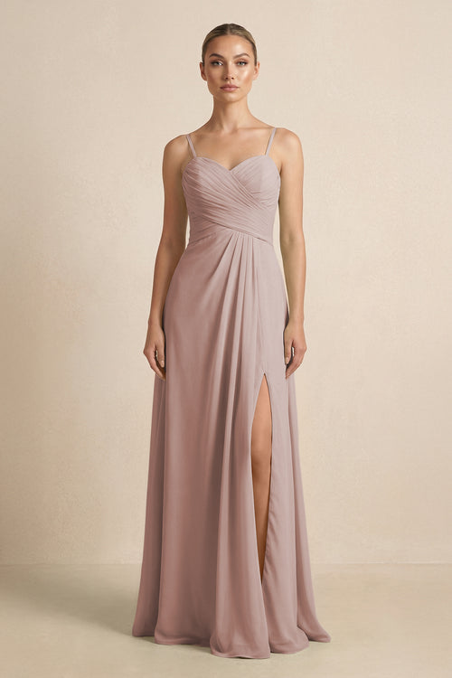 V-Neck A-Line Chiffon Pleated Bridesmaid Dress in Toffee | KISSBRIDAL