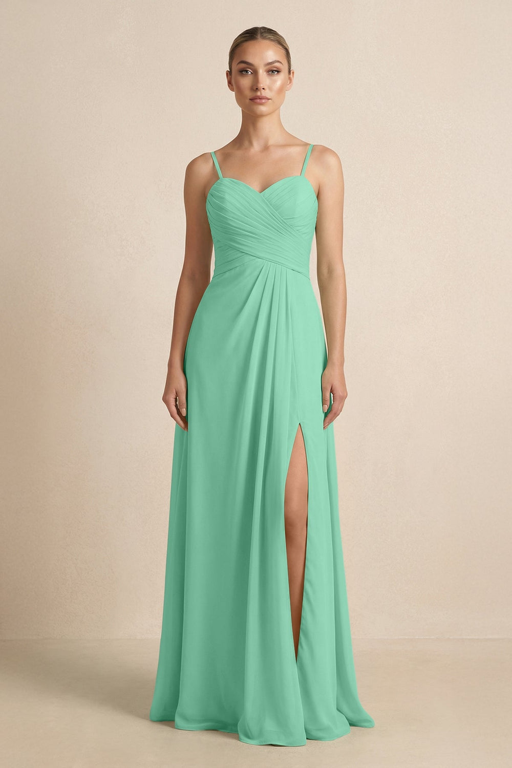 V - Neck A - Line Chiffon Pleated Bridesmaid Dress in Turquoise - KISS BRIDAL Bridesmaid Dresses