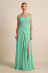 V - Neck A - Line Chiffon Pleated Bridesmaid Dress in Turquoise - KISS BRIDAL Bridesmaid Dresses