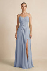 V - Neck A - Line Chiffon Pleated Bridesmaid Dress in Twilight - KISS BRIDAL Bridesmaid Dresses
