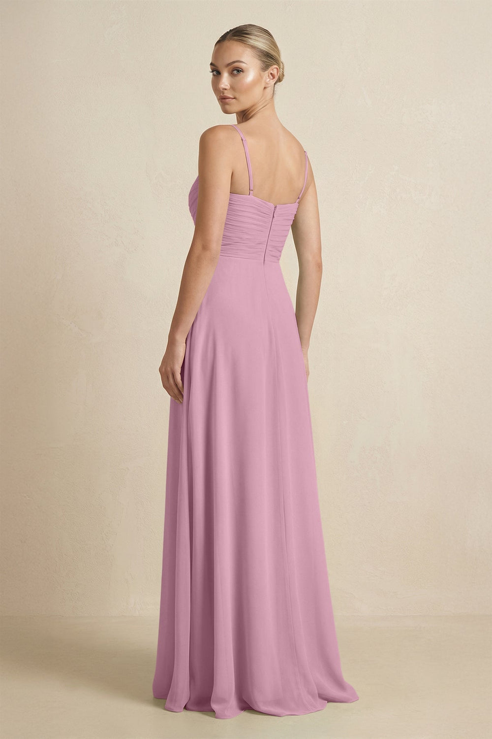 V - Neck A - Line Chiffon Pleated Bridesmaid Dress in Vintage Mauve - KISS BRIDAL Bridesmaid Dresses