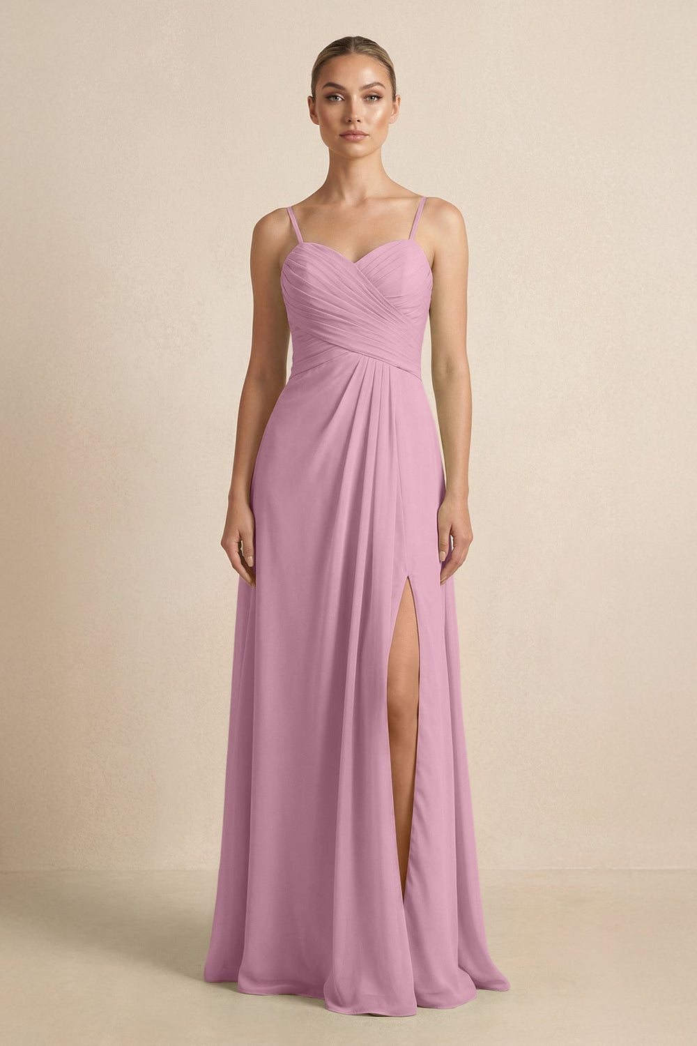 V - Neck A - Line Chiffon Pleated Bridesmaid Dress in Vintage Mauve - KISS BRIDAL Bridesmaid Dresses