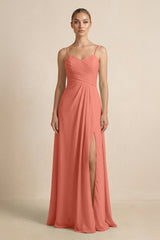 V - Neck A - Line Chiffon Pleated Bridesmaid Dress in Wild Rose - KISS BRIDAL Bridesmaid Dresses