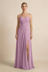 V - Neck A - Line Chiffon Pleated Bridesmaid Dress in Wisteria - KISS BRIDAL Bridesmaid Dresses