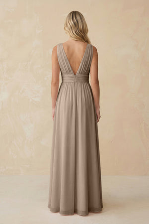 V-Neck A-Line Chiffon Ruched Bridesmaid Dress in Almond (2) | KISSBRIDAL