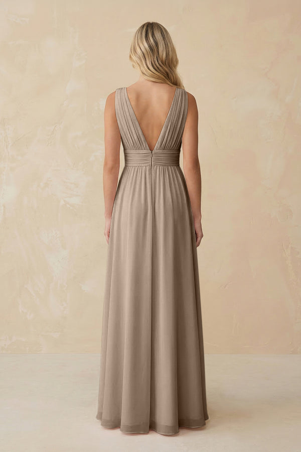 V-Neck A-Line Chiffon Ruched Bridesmaid Dress in Almond (2) | KISSBRIDAL