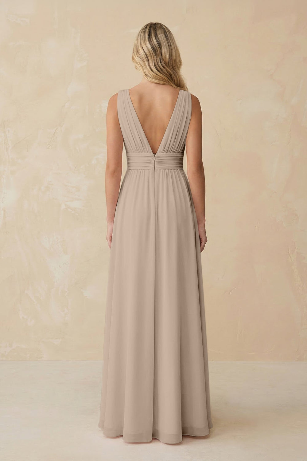 V - Neck A - Line Chiffon Ruched Bridesmaid Dress in Almond - KISS BRIDAL Bridesmaid Dresses