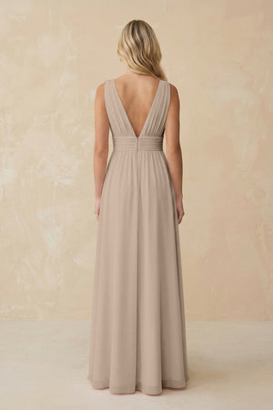 V - Neck A - Line Chiffon Ruched Bridesmaid Dress in Almond - SHE IS ME Bridesmaid Dresses