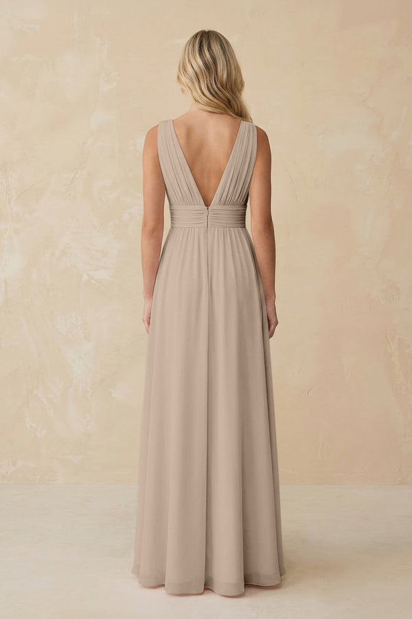 V - Neck A - Line Chiffon Ruched Bridesmaid Dress in Almond - SHE IS ME Bridesmaid Dresses