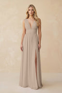 V - Neck A - Line Chiffon Ruched Bridesmaid Dress in Almond - SHE IS ME Bridesmaid Dresses