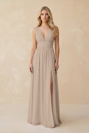 V - Neck A - Line Chiffon Ruched Bridesmaid Dress in Almond - SHE IS ME Bridesmaid Dresses