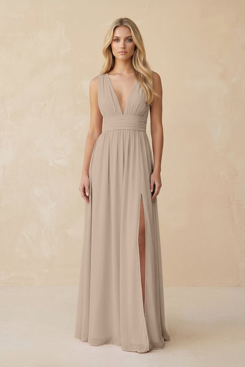 V - Neck A - Line Chiffon Ruched Bridesmaid Dress in Almond - SHE IS ME Bridesmaid Dresses
