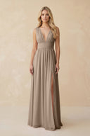 V-Neck A-Line Chiffon Ruched Bridesmaid Dress in Almond | KISSBRIDAL