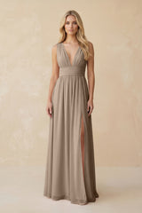 V-Neck A-Line Chiffon Ruched Bridesmaid Dress in Almond | KISSBRIDAL