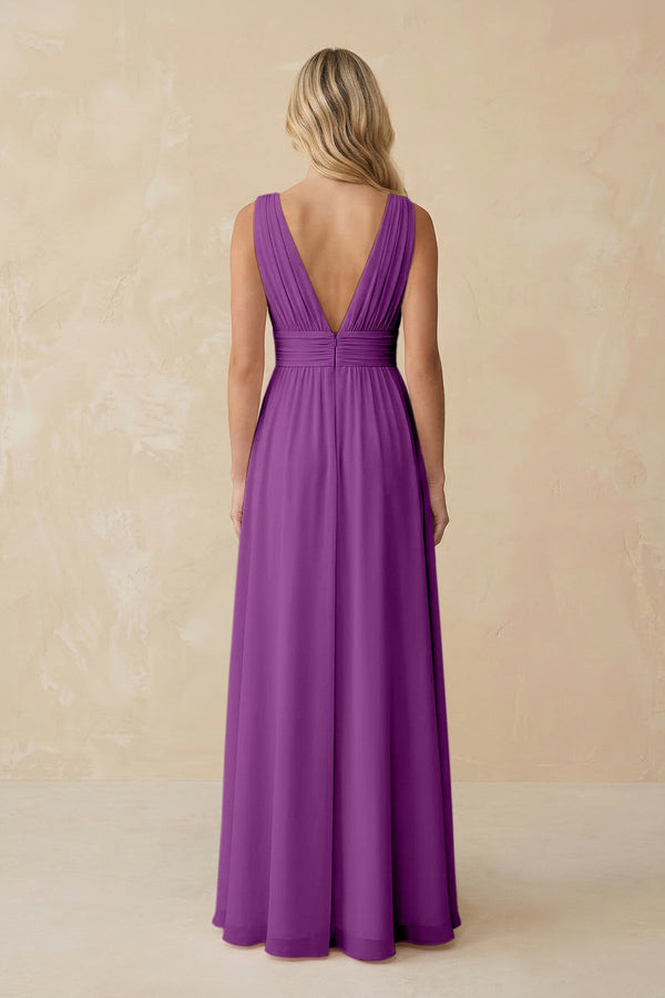 V - Neck A - Line Chiffon Ruched Bridesmaid Dress in Amethyst - SHE IS ME Bridesmaid Dresses