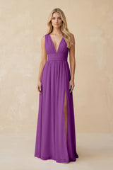 V - Neck A - Line Chiffon Ruched Bridesmaid Dress in Amethyst - KISS BRIDAL Bridesmaid Dresses