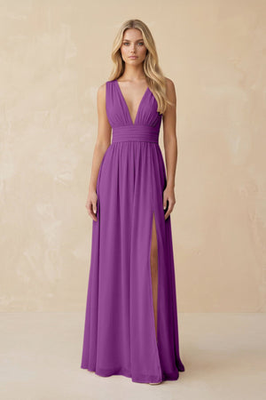 V - Neck A - Line Chiffon Ruched Bridesmaid Dress in Amethyst - SHE IS ME Bridesmaid Dresses