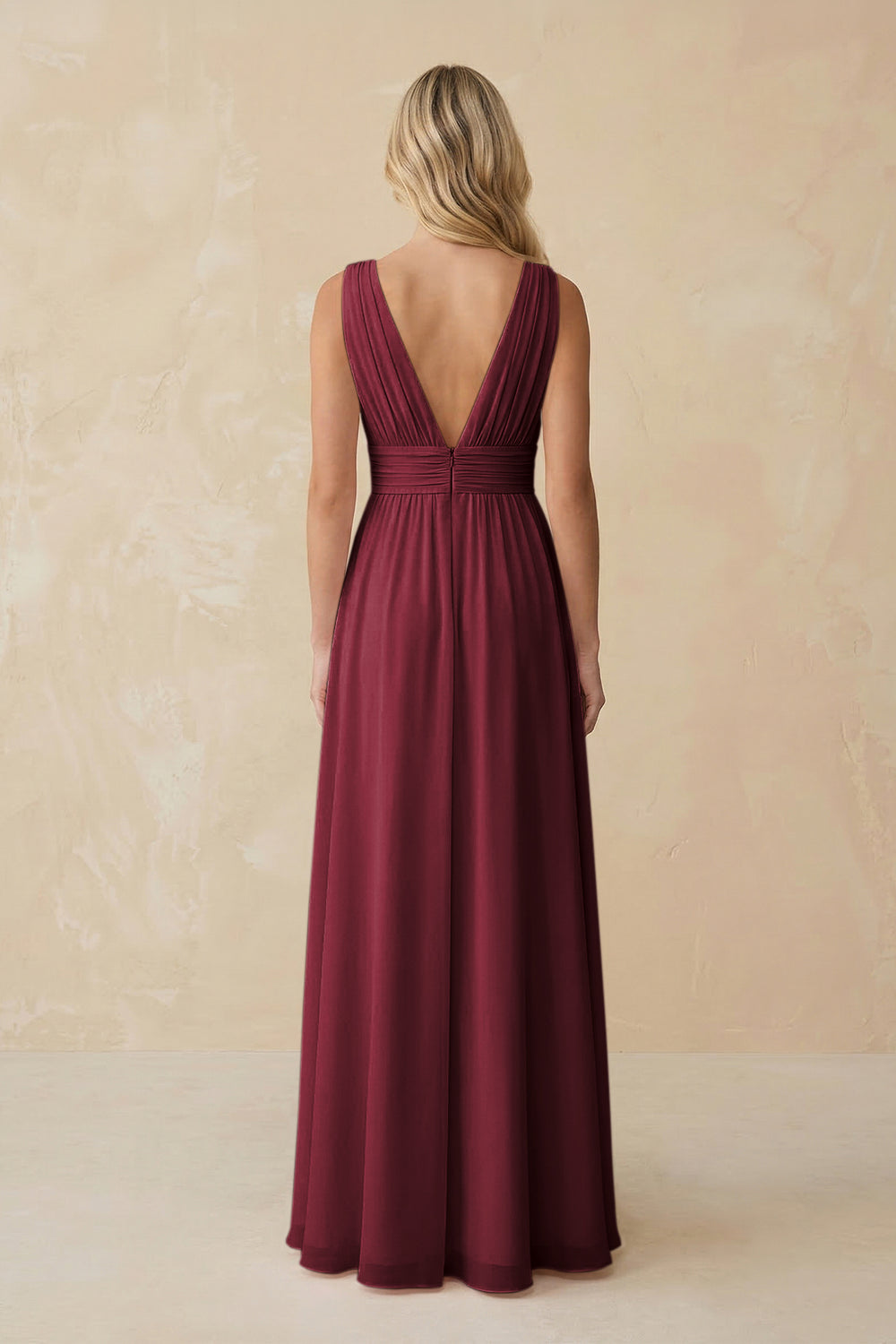 V-Neck A-Line Chiffon Ruched Bridesmaid Dress in Berry