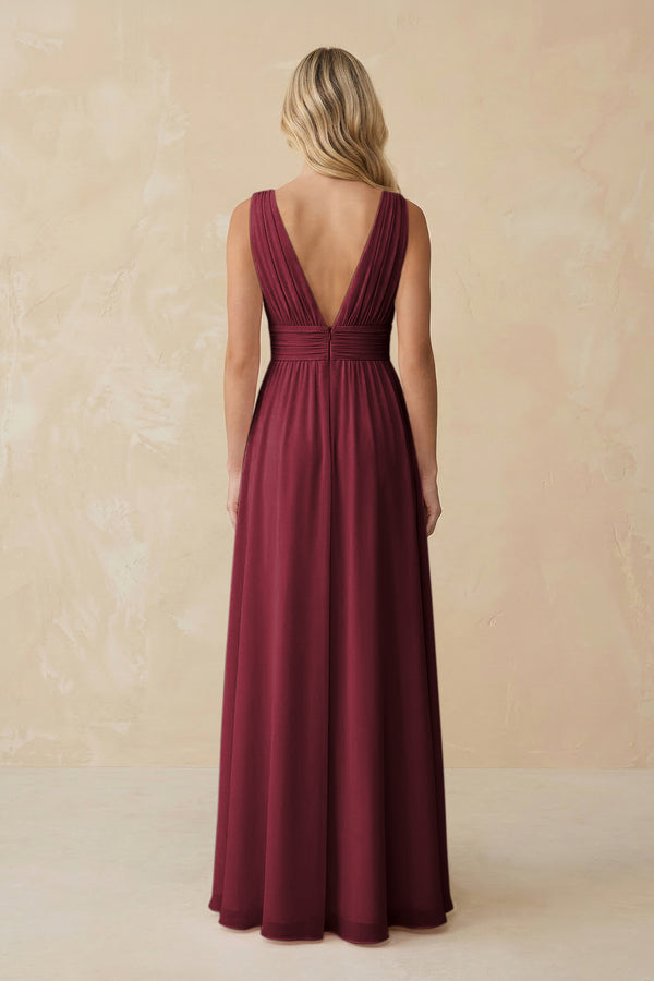 V-Neck A-Line Chiffon Ruched Bridesmaid Dress in Berry (2) | KISSBRIDAL