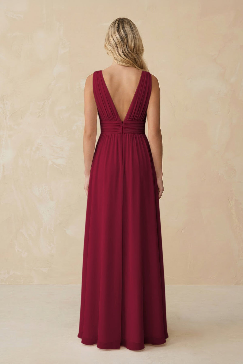V - Neck A - Line Chiffon Ruched Bridesmaid Dress in Berry - KISS BRIDAL Bridesmaid Dresses