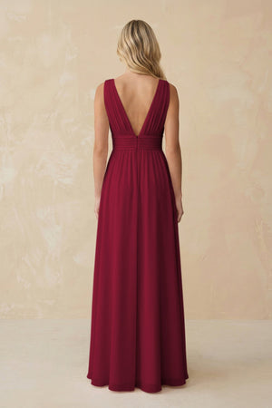 V - Neck A - Line Chiffon Ruched Bridesmaid Dress in Berry - SHE IS ME Bridesmaid Dresses