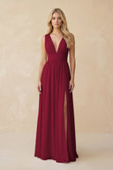 V - Neck A - Line Chiffon Ruched Bridesmaid Dress in Berry - SHE IS ME Bridesmaid Dresses