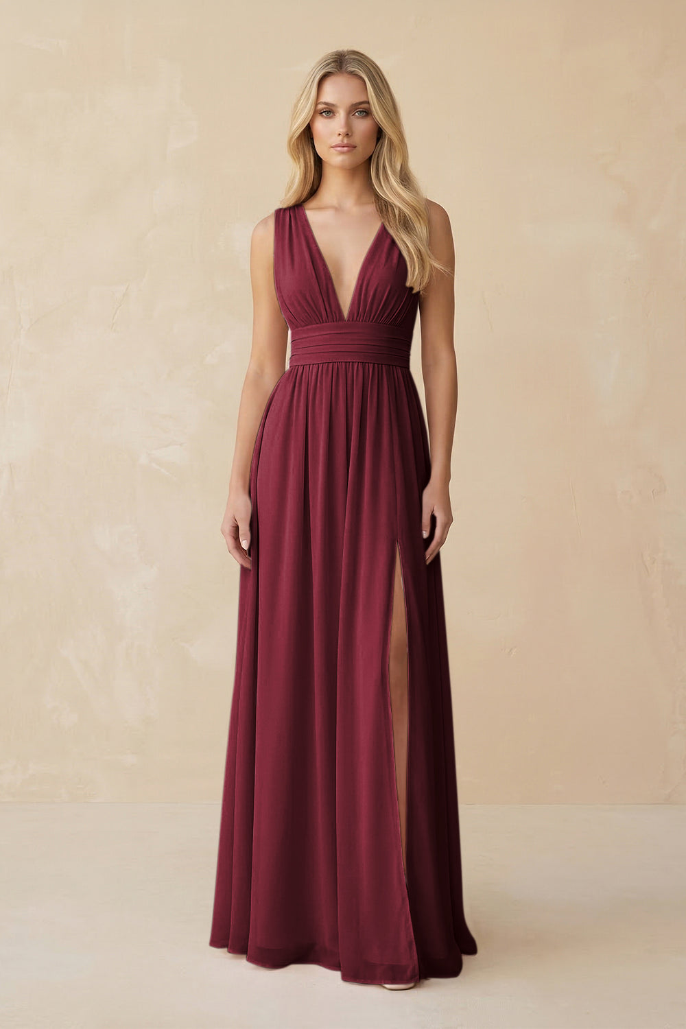 V-Neck A-Line Chiffon Ruched Bridesmaid Dress in Berry