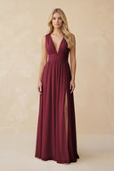 V-Neck A-Line Chiffon Ruched Bridesmaid Dress in Berry | KISSBRIDAL