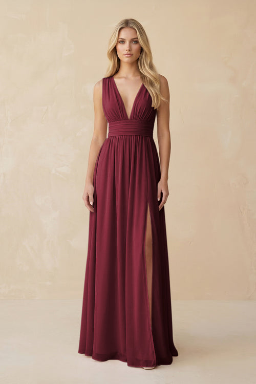 V-Neck A-Line Chiffon Ruched Bridesmaid Dress in Berry | KISSBRIDAL